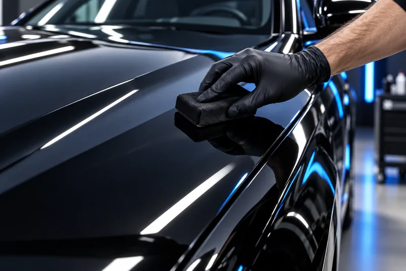 Mobile detailing in Orlando, FL · ceramic coating applied with a foam applicator to a glossy black hood in the studio