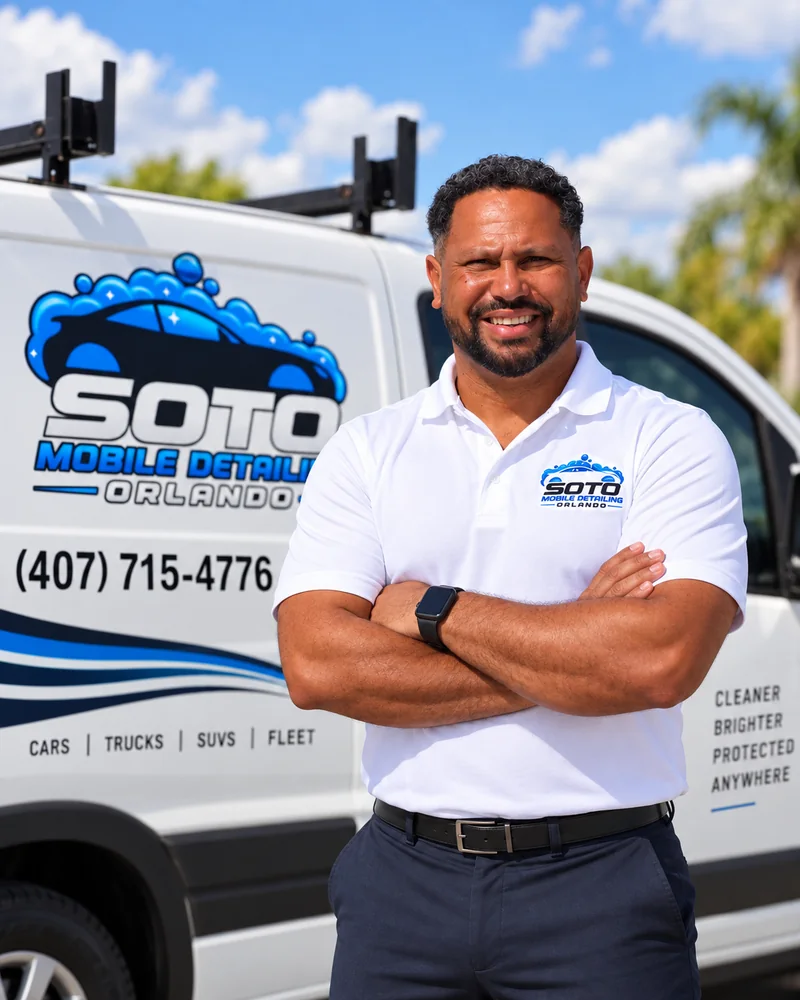 Mobile detailing in Orlando, FL · Wandy Soto, founder and CEO of Soto Mobile Detailing Orlando, beside the branded van