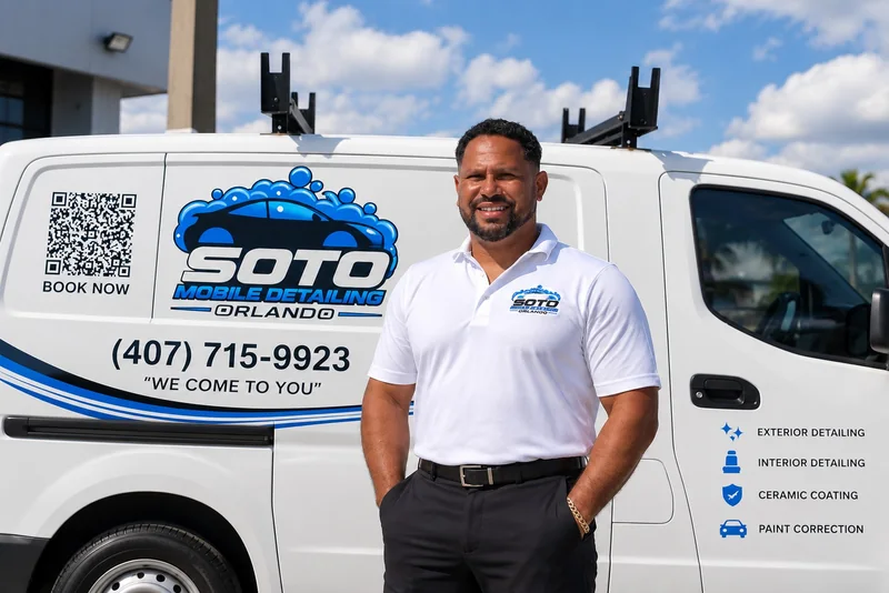 Mobile detailing in Orlando, FL · Wandy Soto, founder and CEO, in front of the branded Soto van