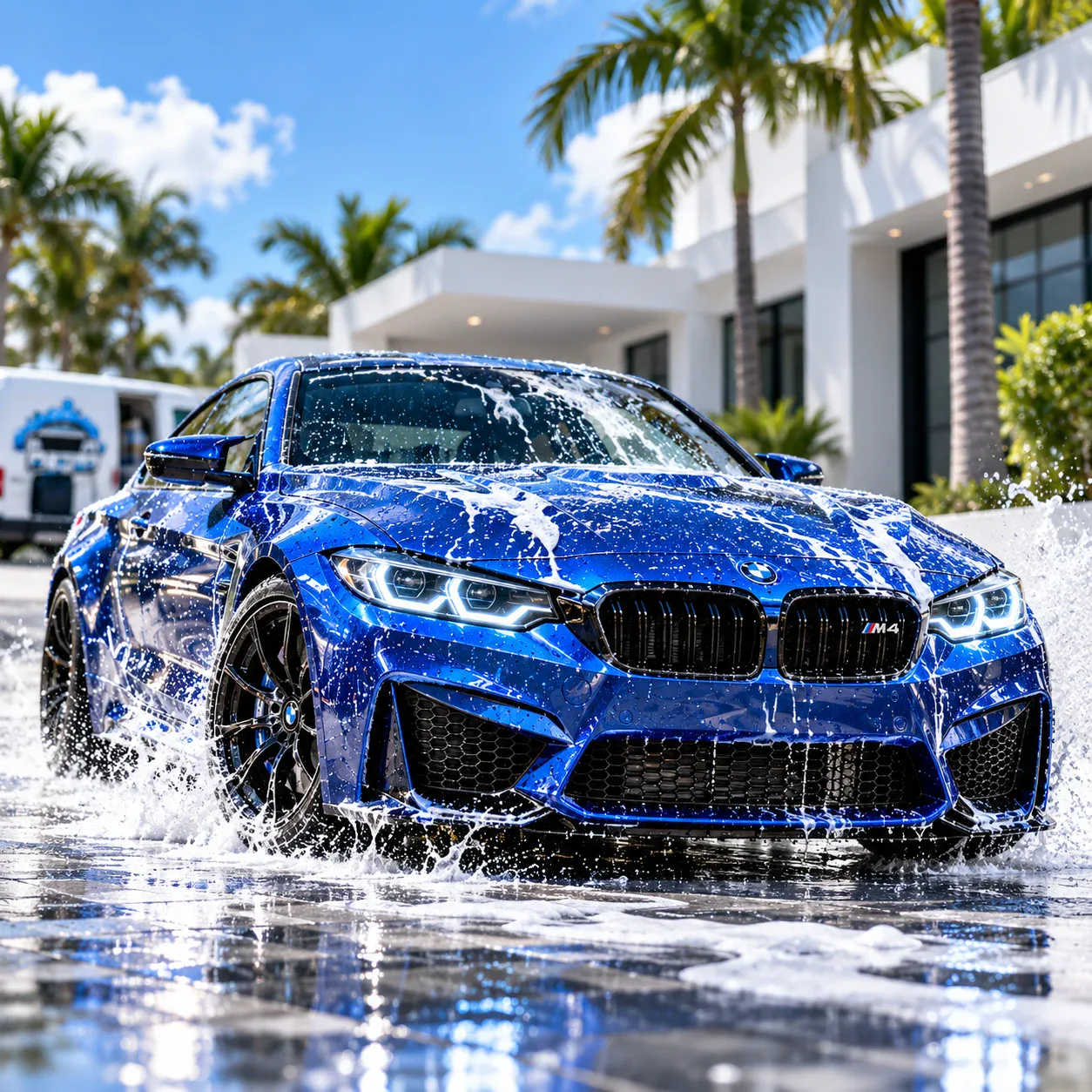 Full car detailing offer in Orlando, FL Blue sports coupe covered in wash foam during a full car detail in a sunny Orlando driveway