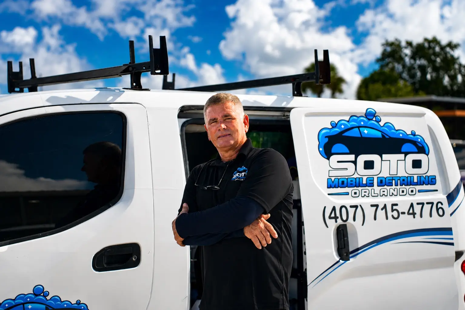 Mobile detailing in Kissimmee, FL · services section Mobile detailing in Kissimmee, FL · owner standing with the Soto Mobile Detailing van