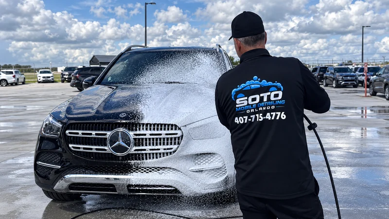 Gloss & Protect · Exterior Detailing in Orlando · Soto detailer rinsing the foam off a black Mercedes SUV