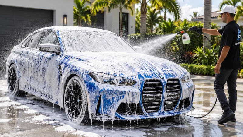 Signature Shine · Full Car Detailing in Orlando · snow foam on a blue BMW at the customer's driveway