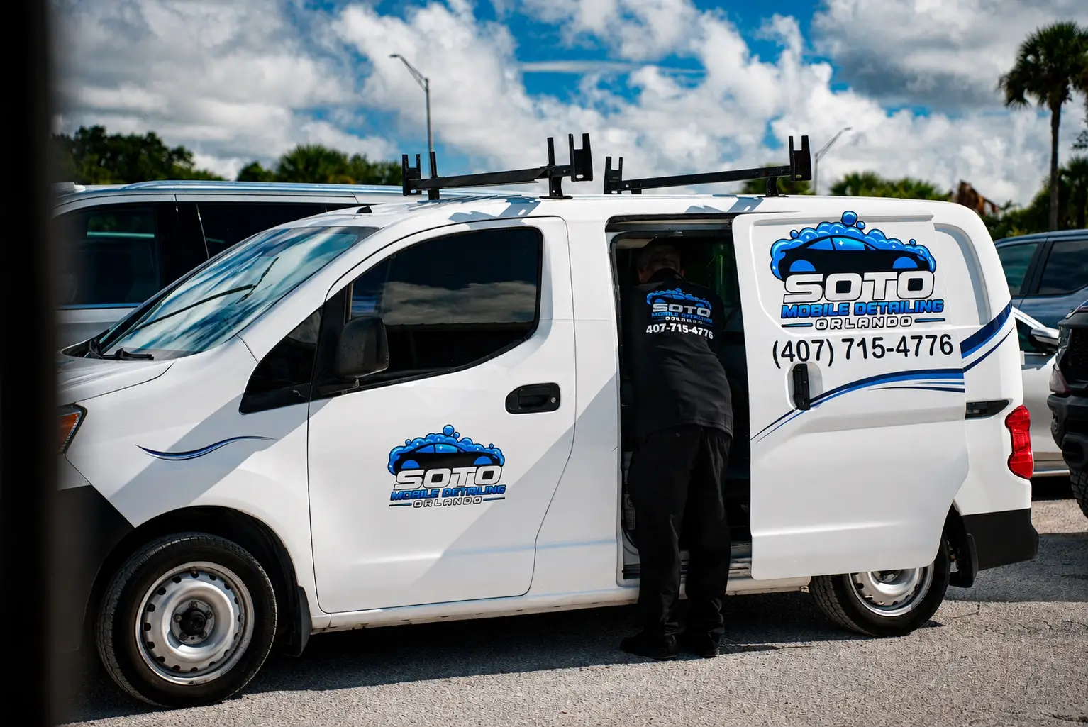 Mobile detailing company in Orlando, FL · equipment ready inside the open van